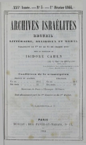 Archives israélites de France. Vol.25 N°03 (01 févr. 1864)